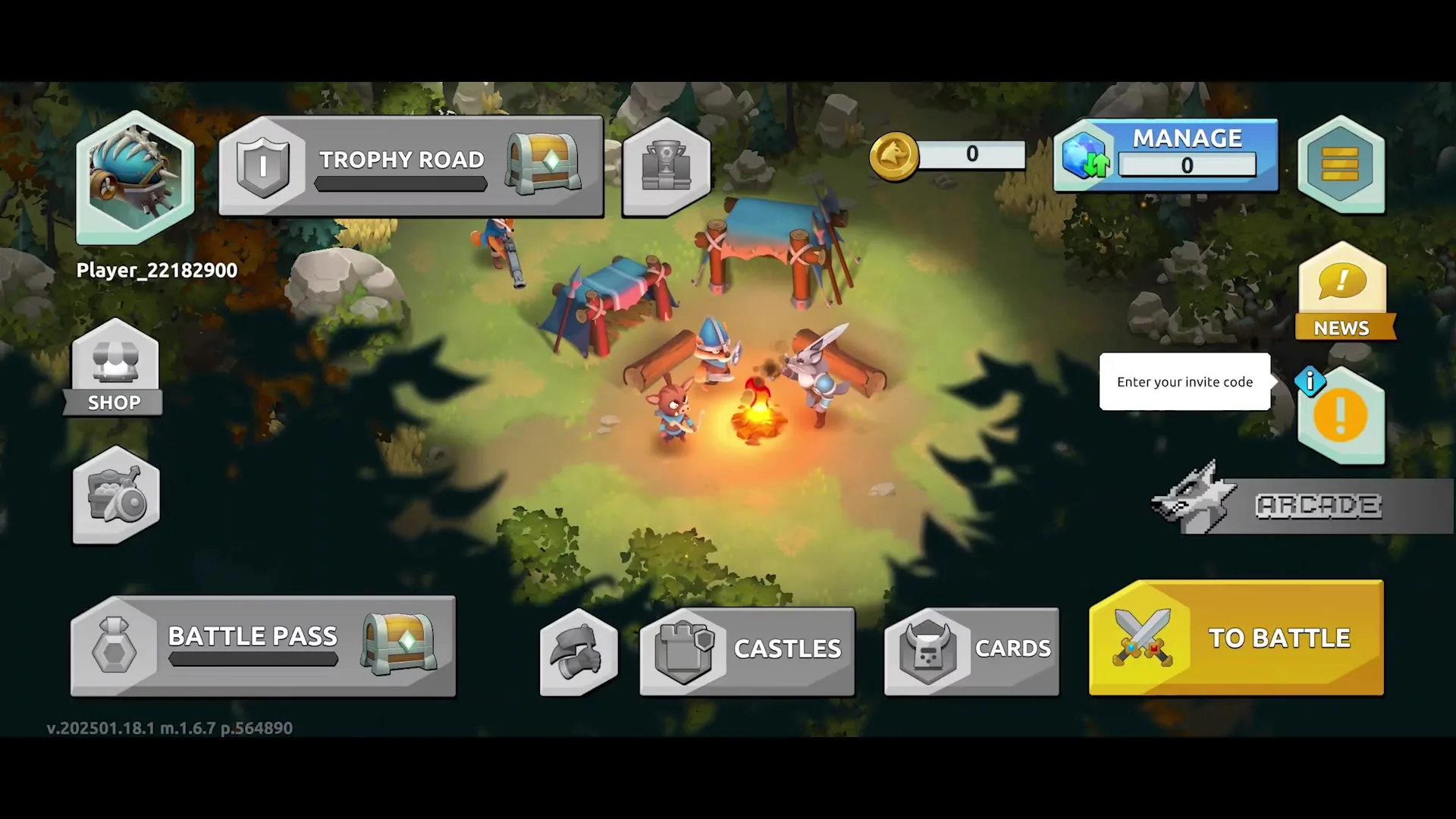 En la imagen de inicio del juego Wild Forest, tres personajes de fantasía se reúnen alrededor de una fogata en un entorno boscoso iluminado por la noche, rodeados de tiendas de campaña y elementos del mapa, mientras aparecen diversos botones de interfaz como 'Trophy Road', 'Battle Pass' y 'To Battle'.