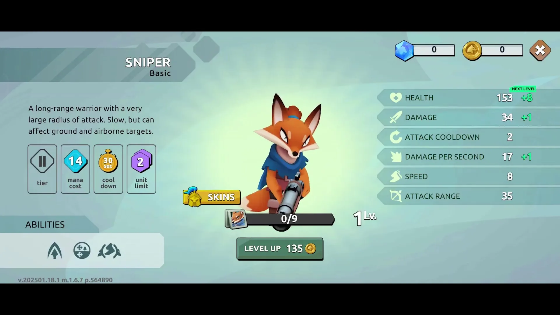 En esta captura de pantalla del juego Wild Forest, se muestra el perfil de la unidad "Sniper", un personaje con apariencia de zorro armado, rodeado de estadísticas como salud, daño y rango de ataque en una interfaz de usuario con opciones de nivelación y costos en monedas.