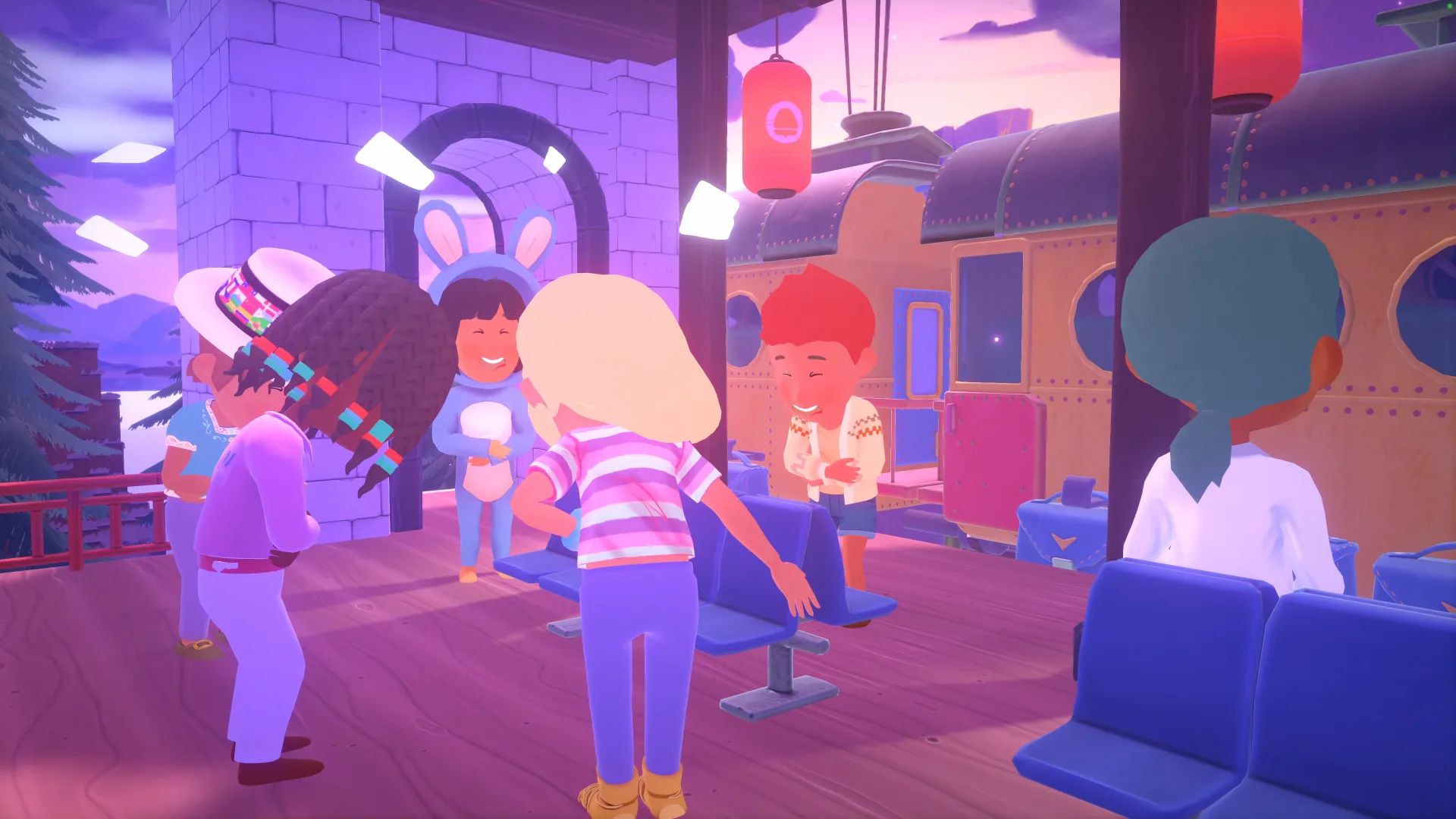 En una escena del juego My Neighbor Alice, varios personajes animados se encuentran en una plataforma de tren al atardecer, con uno de ellos extendiendo el brazo hacia los asientos mientras otros observan y conversan junto a un vagón decorado.
