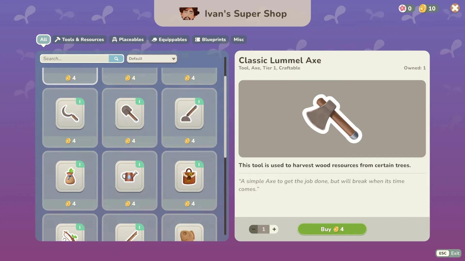 En la interfaz de Ivan's Super Shop del juego My Neighbor Alice, se muestra la tienda con herramientas disponibles como la Classic Lummel Axe, que se describe como un hacha utilizable para cosechar madera.